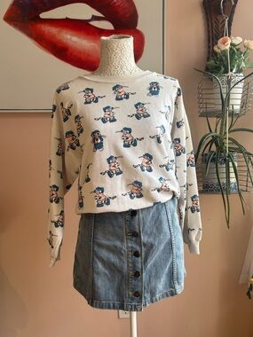 Cream Novelty Cartoon Cat Print Women's Crewneck Sweater